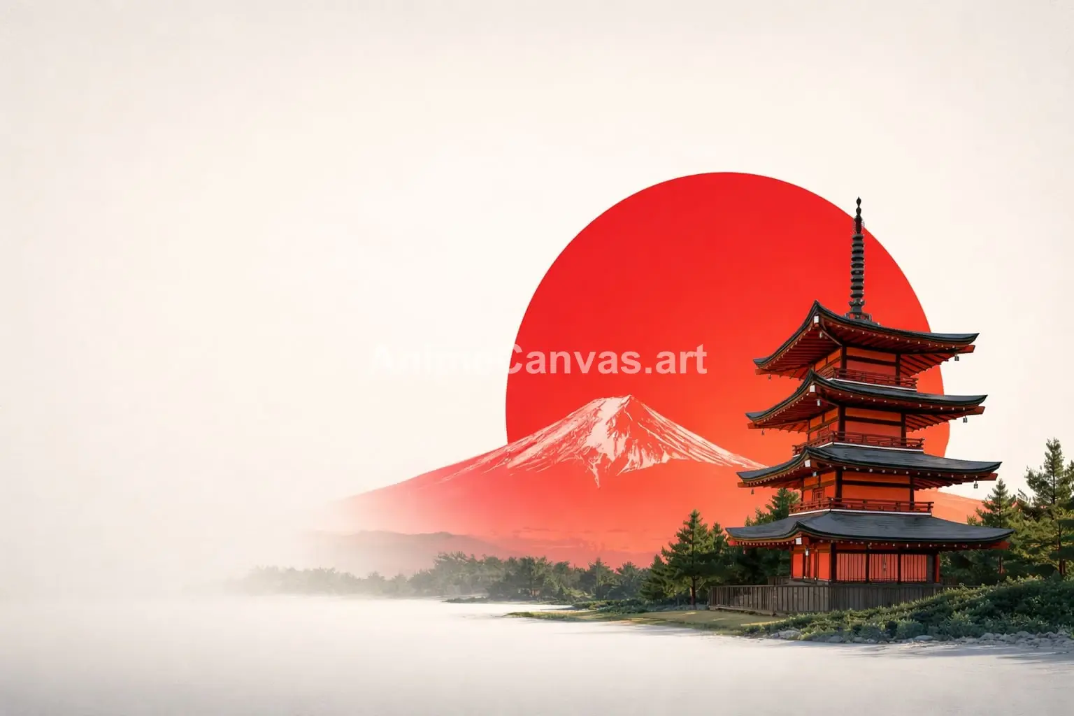 Japanese Pagoda with Mount Fuji & Red Sun Wallpaper — Minimal Japan Aesthetic